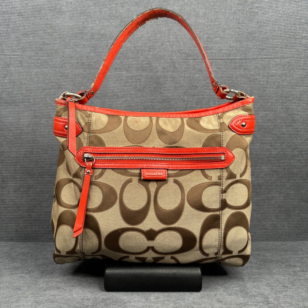 Coach Signature Jacquard Shoulder Bag Khaki Orange Leather Trim F24062 y2k